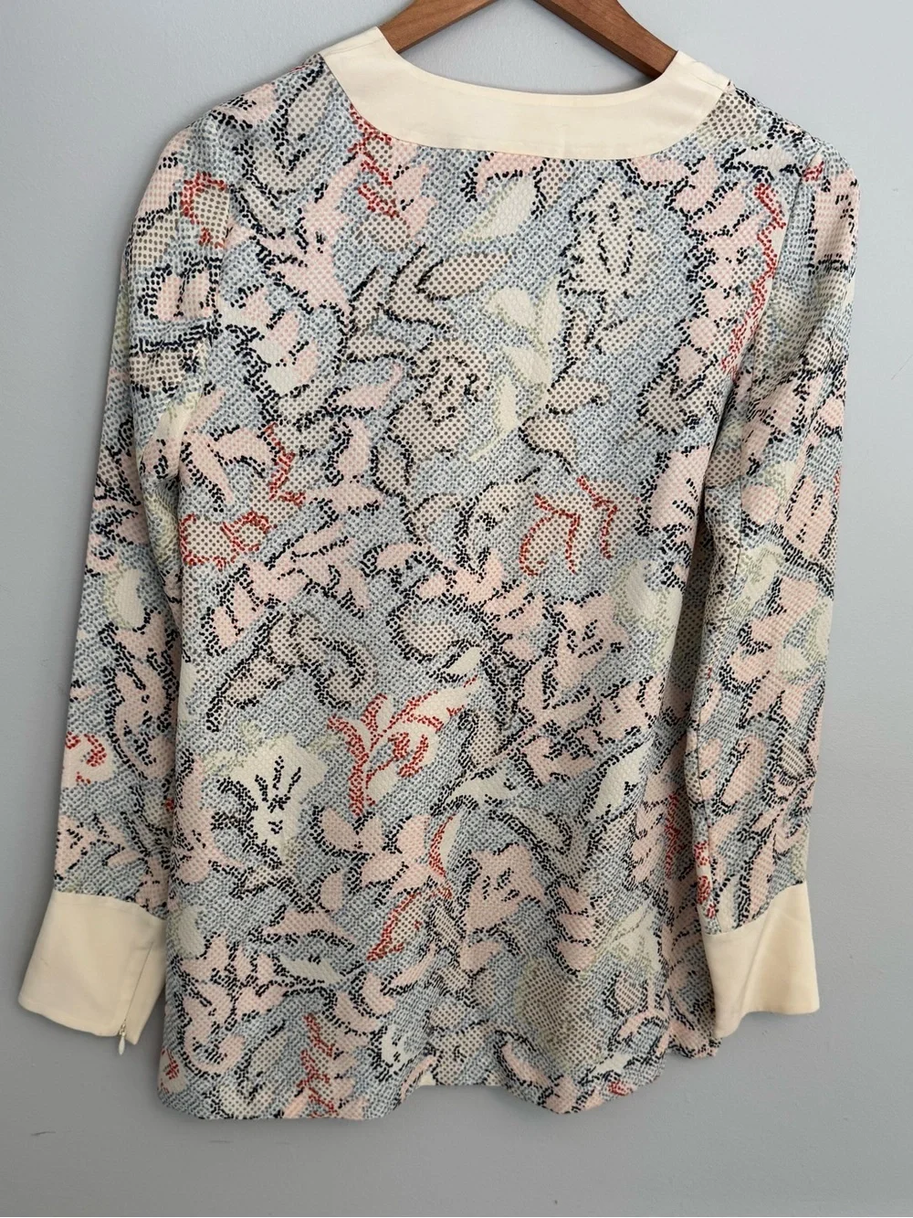 Tory Burch Silk V-Neck Tunic Blouse Abstract Floral Cream Trim Size 0